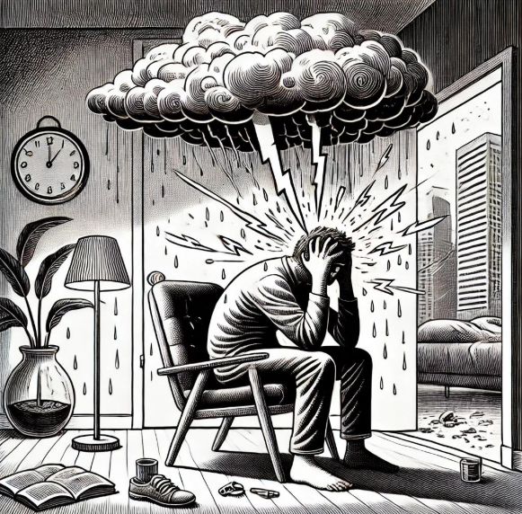 A man sitting in his room in despair because of migraines