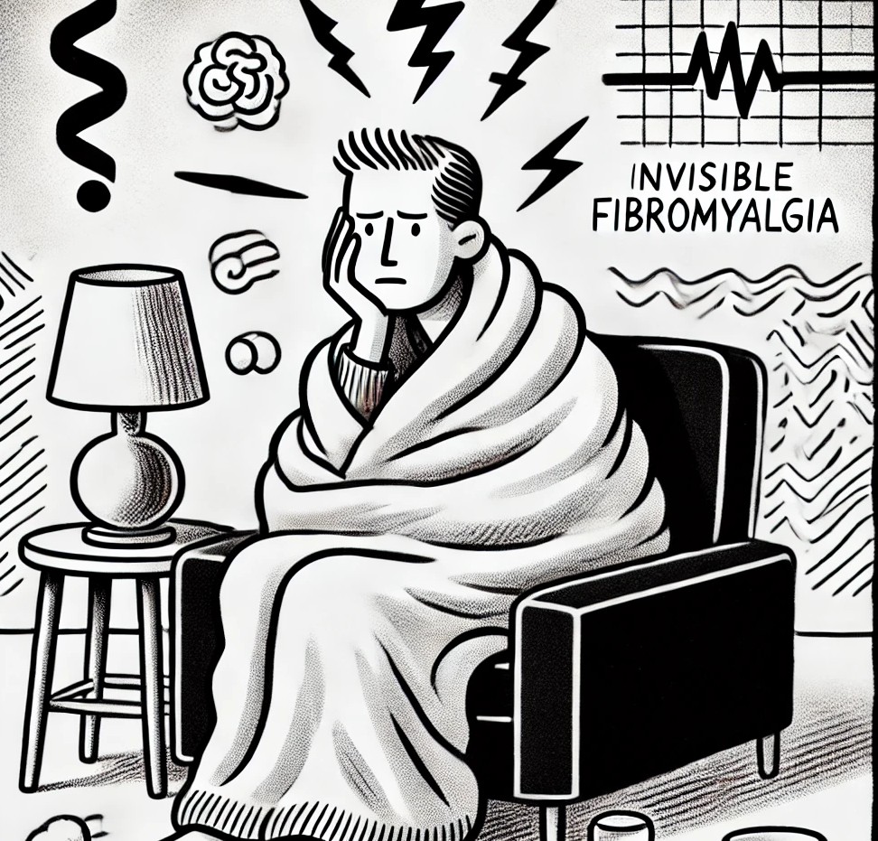 A person in pain, sitting in a chair and miserable due to fibromyalgia.