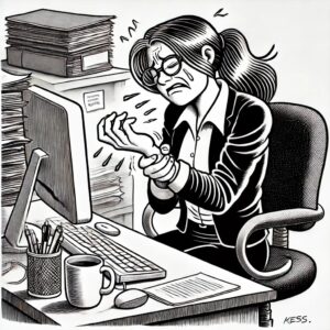 An office worker, gripping their wrist in pain due to carpal tunnel syndrome