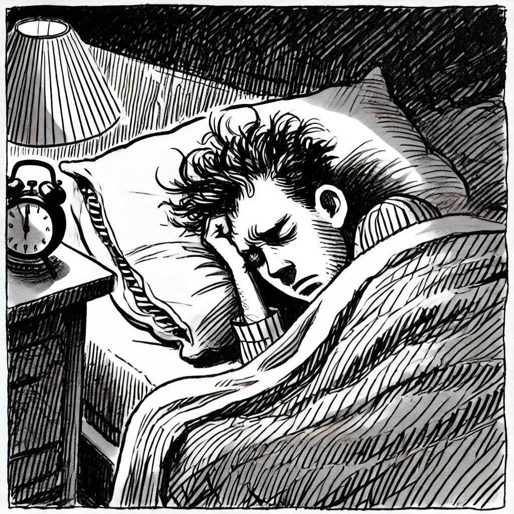 A sleeping figure suffering from insomnia.