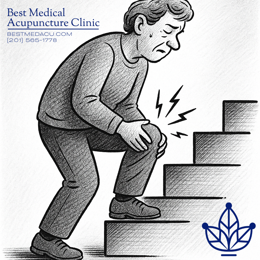 Old man clutching their knees because going up the stairs hurts.