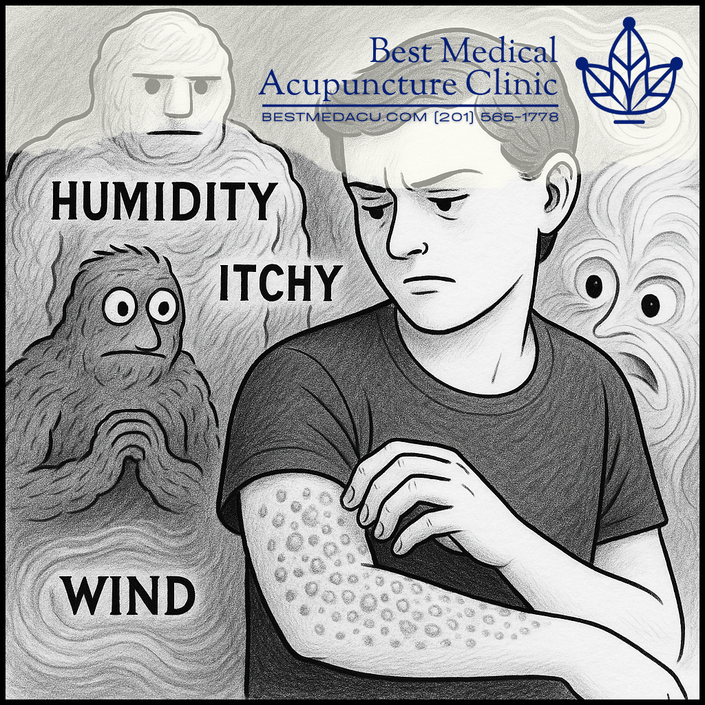 Someone is suffering from eczema rashes, being stared at by humanoid looking monsters labeled "Humidity," "Itchy," and "Wind"