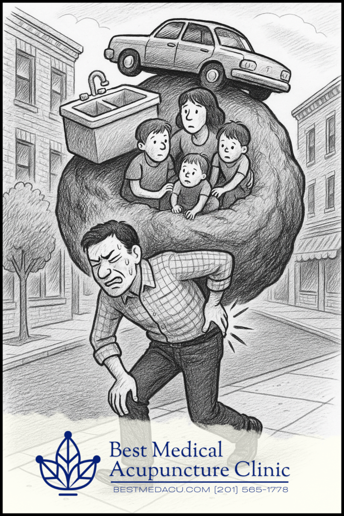 A person experiencing backpain while holding a boulder, their family, the kitchen sink, and their car.
